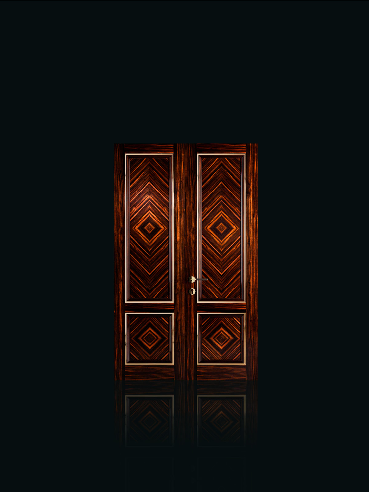 Paneling and doors in ebony with polished brass inlays