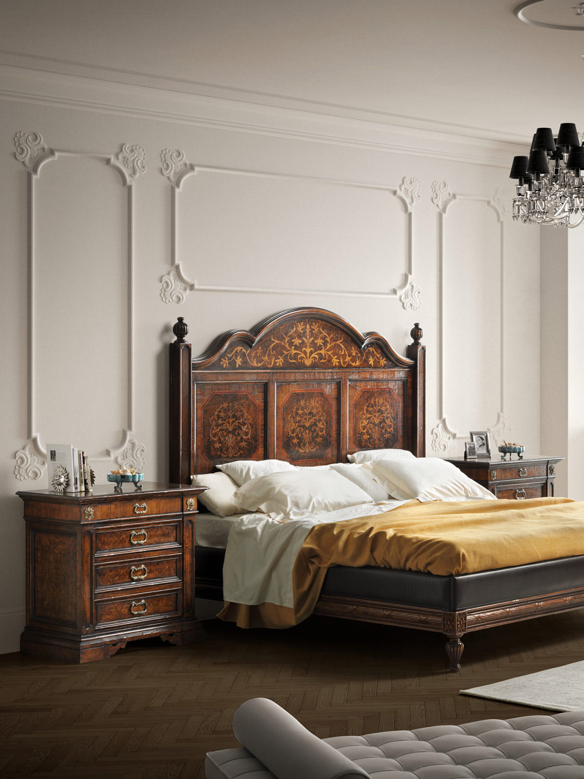 King Size Bed Mod. 673 – 213 x 220 cm / Nightstand Mod. 675 – 87 x 54 h 86 cm
